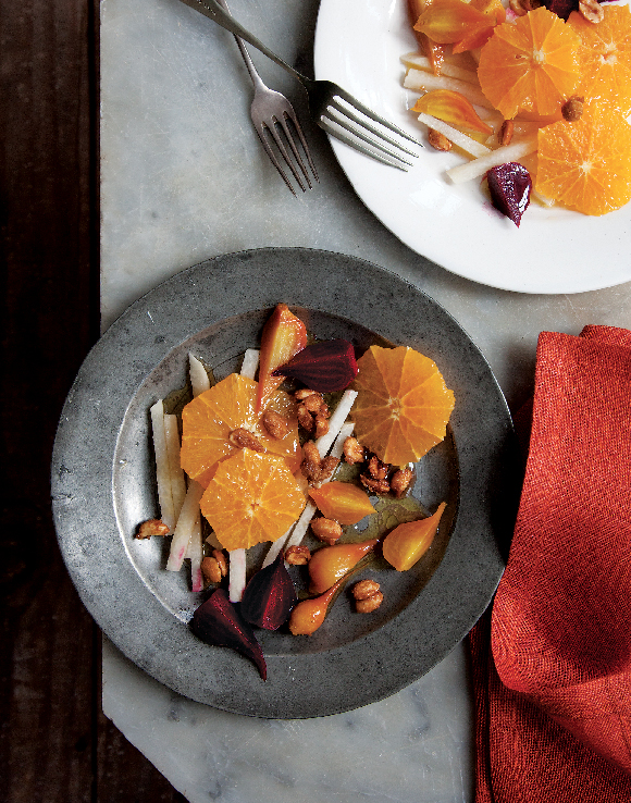 Jicama, Beet, Orange, and Caramelized Peanut Christmas Salad