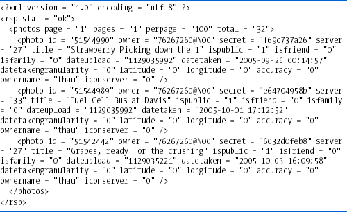 Part of Flickr's webserver XML response (I removed 29 of the photos)