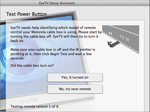 **Figure 118:** To set up the IR blaster, the EyeTV cycles through pre-programmed codes until it finds one that will turn your set-top box on. If it can’t, you have to program it manually.