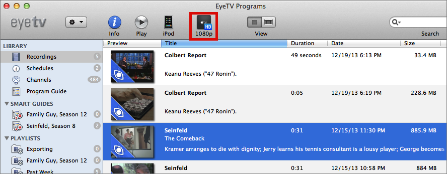 **Figure 122:** To export a show, select it, and click the Apple TV button (outlined in red here).