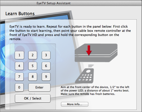 **Figure 119:** To program the IR blaster manually, click an onscreen button, then press the corresponding button on the physical remote. It helps if you put your remote’s sensor close to the sensor on the EyeTV and press the button repeatedly.