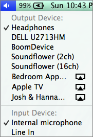 **Figure 75:** Option-click the volume icon in the menu bar to bring up a list of audio output options, including AirPlay receivers.