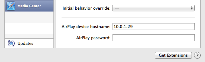 **Figure 26:** Working at the bottom right of the Safari Preferences window, tell the Media Center Safari extension how to find your Apple TV by telling it the Apple TV’s IP address (hostname).