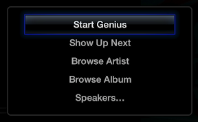 **Figure 59:** Hold Select in Now Playing to create a Genius playlist based on the current song, show the Up Next queue, see more by the artist or the rest of the album, and control AirPlay Speakers.