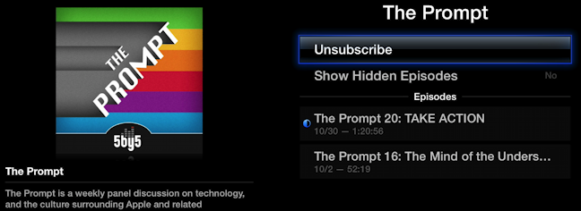 **Figure 74:** To unsubscribe from a podcast, select it in the My Podcasts view and then select Unsubscribe.