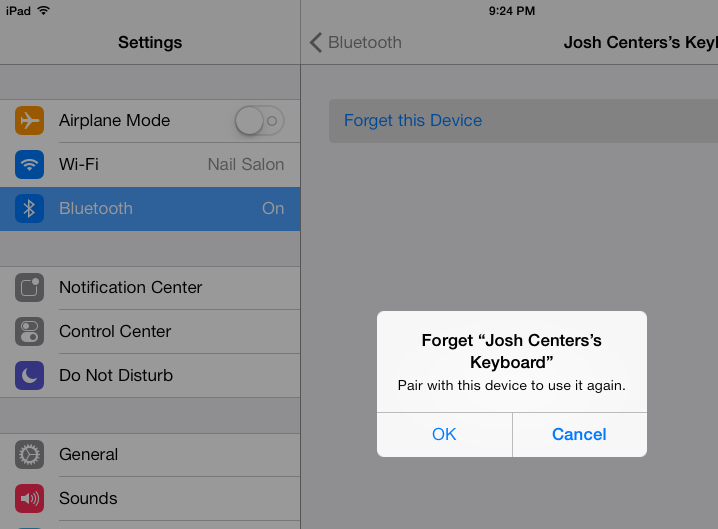 **Figure 5:** From Bluetooth settings, tap the button adjacent to your keyboard’s name, tap “Forget this Device,” and then tap OK.