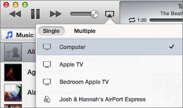 **Figure 25:** In iTunes 11, sending audio or video to your Apple TV is as simple as clicking the AirPlay icon and selecting your Apple TV from the list.