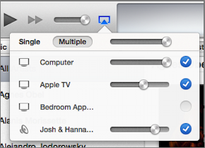 **Figure 76:** In iTunes, you can AirPlay audio to multiple receivers.