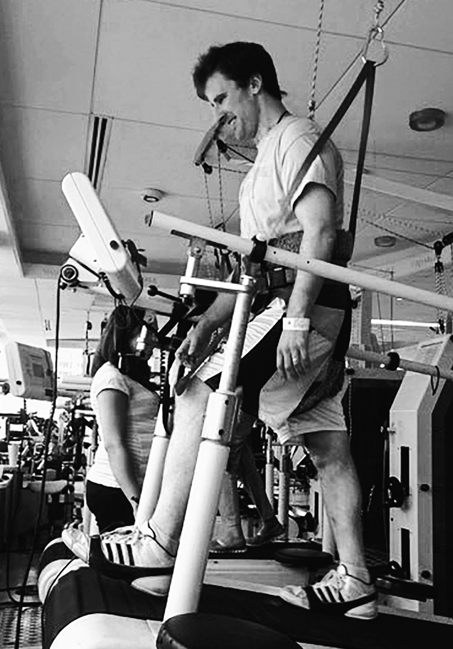 Dave could not walk on the treadmill without safety harnesses, due to a lack of balance. He fatigued easily and was not at the level of his former athletic self, but he enjoyed physical therapy.