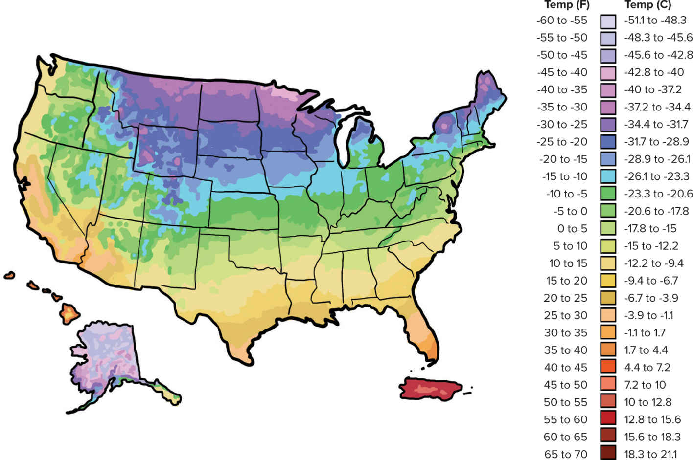 A map of U S D A Plant Hardship Zones.