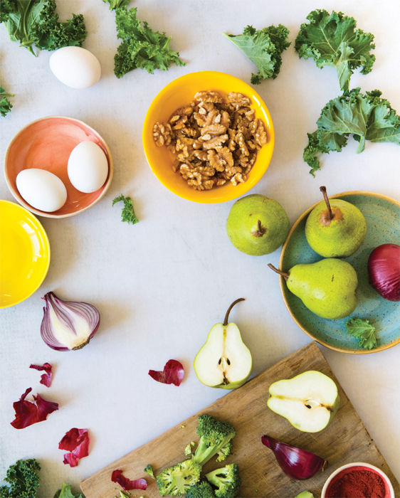 Eggs, onion, walnuts, pears, spices, broccoli, lettuce.