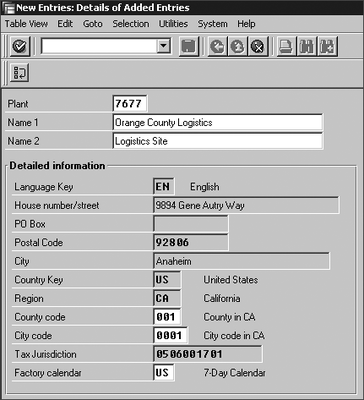 Figure 1.6 Creating a Plant in an SAP System