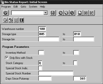 Figure 3.24 Selection Screen for Bin Status Report