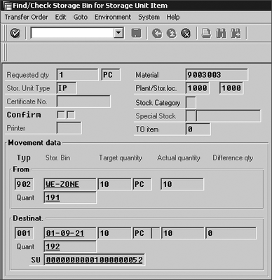  Transfer Order Showing Storage Unit