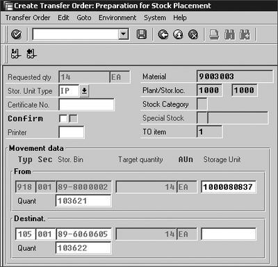  Transfer Order Showing Storage Unit