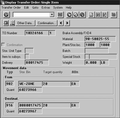 Figure 9.8 Transfer Order Produced by One-Step Cross-Docking