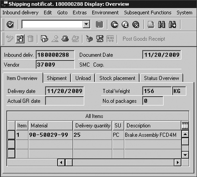 Figure 9.10 Shipping Notification for Inbound Delivery