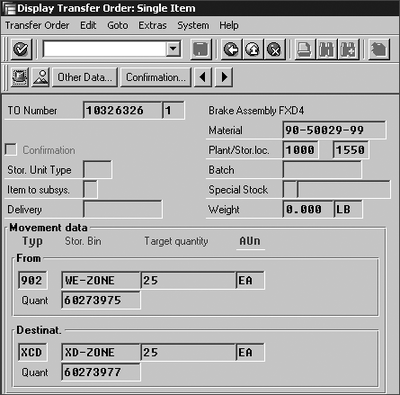 Figure 9.11 Transfer Order Moving Items to Cross-Docking Storage