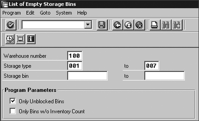 Figure 12.11 Selection Screen for Empty Storage Bin Report