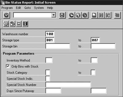 Figure 12.13 Selection Screen for the Bin Status Report