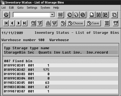 Figure 12.20 List of Storage Bins for the Inventory Status Report