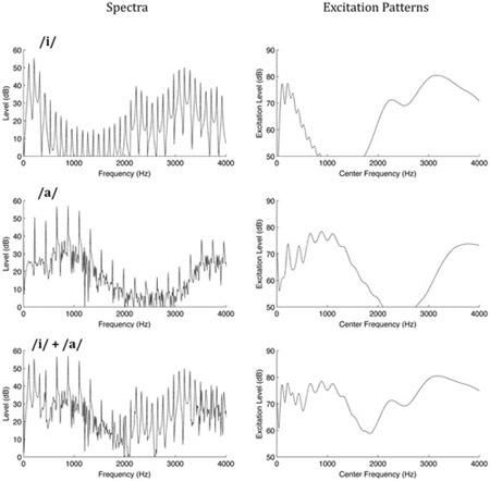 Figure 10.2 The spectra and excitation patterns of vowel sounds from two different speakers: a man saying “ee” (/i/) and a woman saying “ah” (/a/). Notice that the harmonics in the first formant region (the first broad spectral peak) are resolved (they produce separate peaks in the excitation pattern). The bottom panel shows the spectrum and excitation pattern produced when the two vowels are spoken together. To separate the sounds from the two speakers, the auditory system has to determine which harmonic belongs to which vowel.