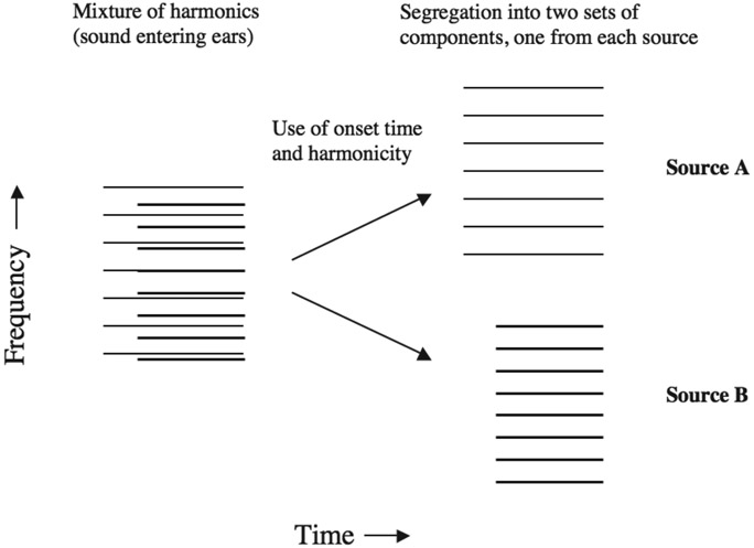 Figure 10.5 The use of onset time and harmonicity to segregate a mixture of harmonics from two sound sources.