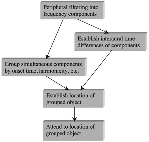 Figure 10.9 Sequential streaming by spatial location, as suggested by Darwin and Hukin (1999). According to this model, interaural time differences are not used to group together individual frequency components, but are used to assign a location to a grouped auditory object. Attention is then directed toward that location, and sounds from that location form a perceptual stream. Based on Darwin and Hukin (1999).