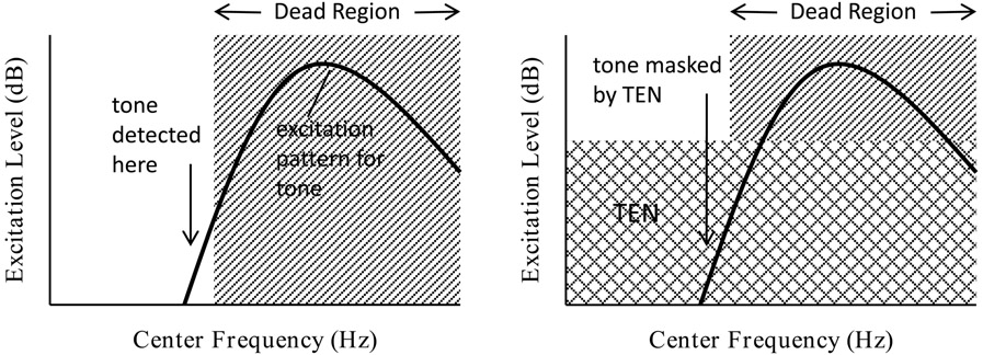 Figure 13.6 Schematic excitation patterns for a pure tone presented within a dead region (the dead region is indicated by the diagonal shading). The left panel shows the situation in quiet. In this case, due to spread of excitation along the basilar membrane, the tone can be detected at a center frequency just below the dead region (in other words, in a region of the cochlea apical to the dead region). The right panel shows the situation when TEN is added (shown by the hashed shading). Notice that the region in which the tone could be detected in quiet is now masked by the noise. However, for a listener without a dead region, the tone would be easily detected at the place in the cochlea tuned to the frequency of the tone (compare the excitation level at the peak of the tone’s excitation pattern to the level of the noise). Based on Moore (2004).