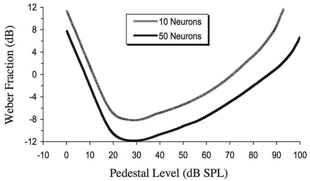 Figure 6.9 Weber fractions predicted by the optimum use of information from a sample of 10 or 50 auditory nerve fibers. The curves are replotted from Viemeister (1988).