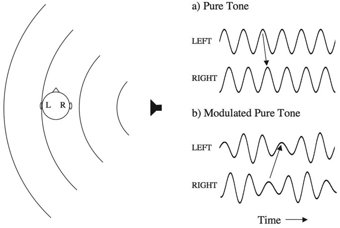 Figure 9.5 A schematic illustration of the pressure peaks in space of a sound wave at an instant (left panel, ignoring diffraction effects) and the pressure variations at each ear as a function of time (right panel). In this illustration, the sound originates from the right, but waveform (fine-structure) peaks appear to occur at the left ear before the right ear (a). The ambiguity is resolved if the waveform is modulated, in which case it is clear that the sound waves arrive at the right ear before the left ear (b).