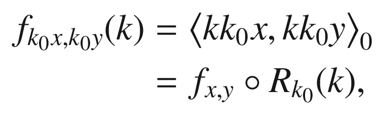 $$\begin{aligned} f_{k_0 x, k_0 y}(k)&= \big \langle kk_0 x, kk_0 y\big \rangle _0\\&= f_{x, y}\circ R_{k_0}(k), \end{aligned}$$