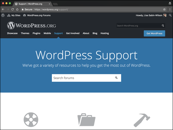 Screenshot displaying the WordPress Support page enabling to find users to help other users to use and understand the platform.