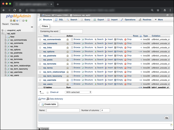 Screenshot displaying the WordPress database structure, the MySQL database, the most common one being phpMyAdmin.