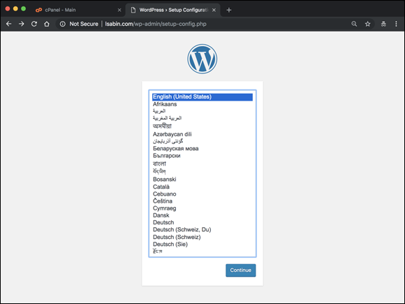 Screenshot of the WordPress screen displaying a list of options to choose the language, as the first step for an installation process.