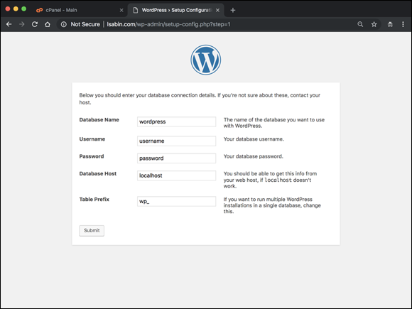 Screenshot of the WordPress screen displaying the fields for entering the database name, username, and password, as the next step of the installation process.