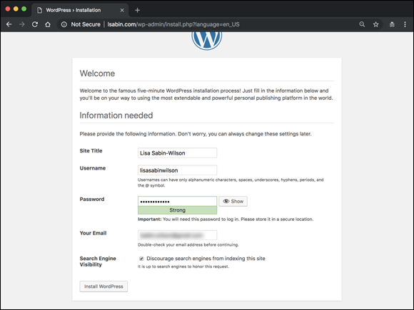 Screenshot displaying the Welcome page of the WordPress screen, as the final step in finishing the installation.