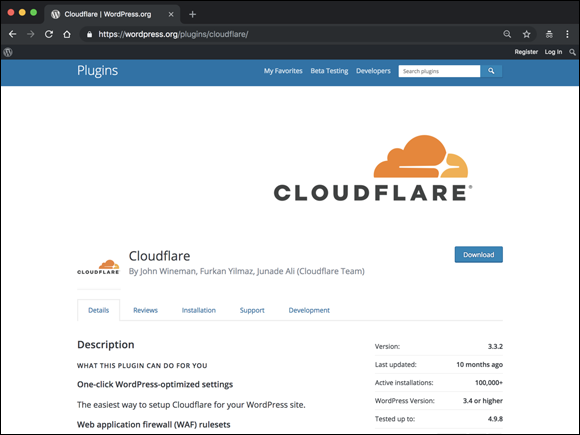 Screenshot of the WordPress screen displaying the Cloudflare plugin page to connect the WordPress blog to a Cloudflare account.