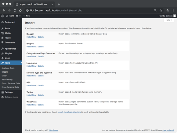 “Screenshot of the WordPress Dashboard displaying the Import page, listing blogging platforms such as Blogger and Movable Type to import content.”