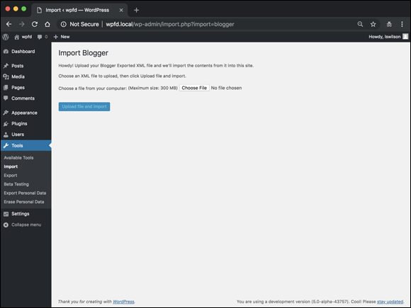 Screenshot displaying the Import Blogger page in the WordPress Dashboard, with instructions for importing a file on to a blogger account.