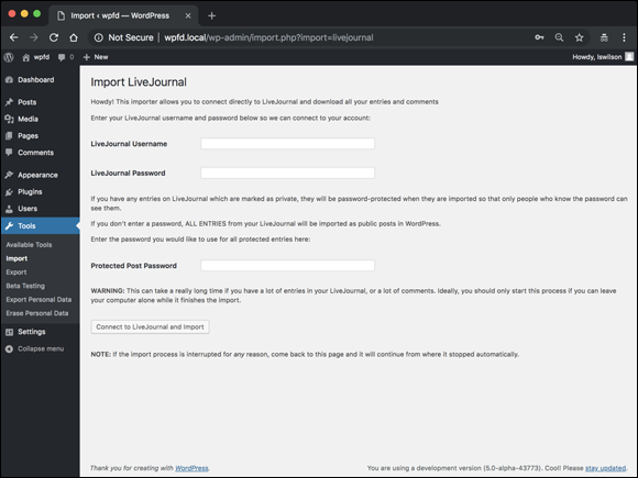 Screenshot displaying the Import LiveJournal page in the WordPress Dashboard with instructions for importing a file.