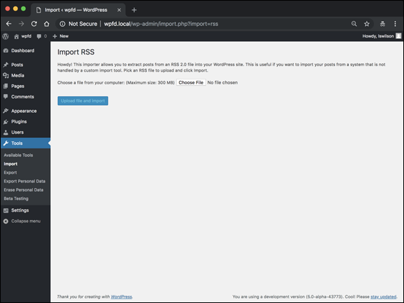 Screenshot displaying the Import RSS page of the WordPress Dashboard with instructions for importing an RSS file.