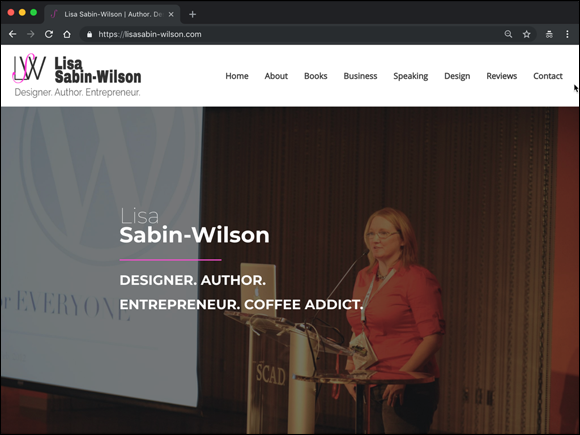 Screenshot of a WordPress website that does not have a blog, depicting the picture of the lady who developed the website.