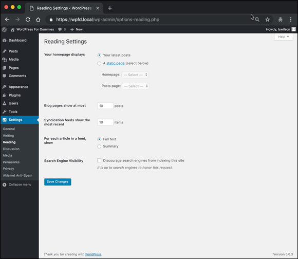 Screenshot of the Reading Settings page to choose the page to be displayed as the home page from the drop-down list.