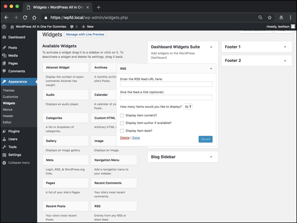 Screenshot of the WordPress Dashboard displaying the Widgets page for configuring the Feed Box widget.