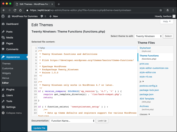 Screenshot of the Edit Themes screen of the Dashboard displaying the Documentation drop down menu with selected file content.