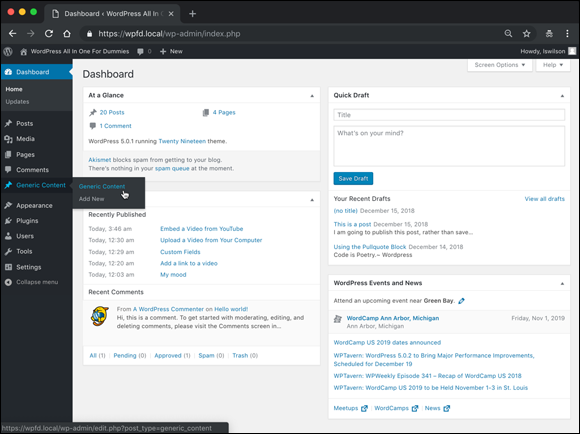 Screenshot of the WordPress Dashboard screen displaying a new menu item on the left and a new Generic Content post below the Comments link.