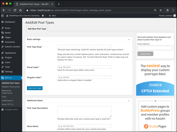 Screenshot displaying the options page for the Custom Post Type UI plugin on the Dashboard.