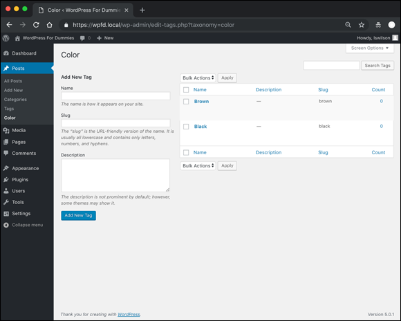 “Screenshot of the Color taxonomy screen of the Dashboard, where new terms can be added in the new taxonomy registered in WordPress.”