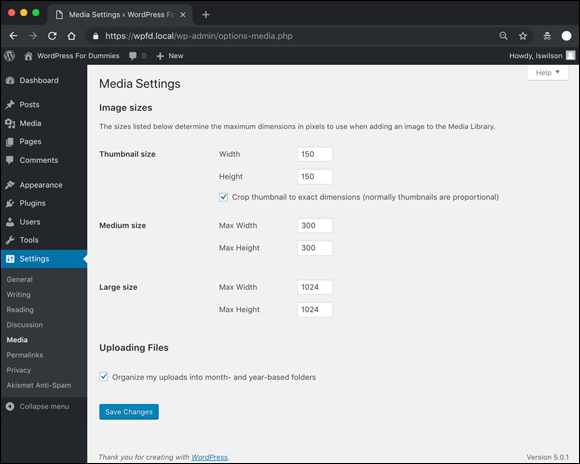 Screenshot of the Media Settings screen of the Dashboard displaying three types of image sizes: Thumbnail size, Medium size, and Large size.